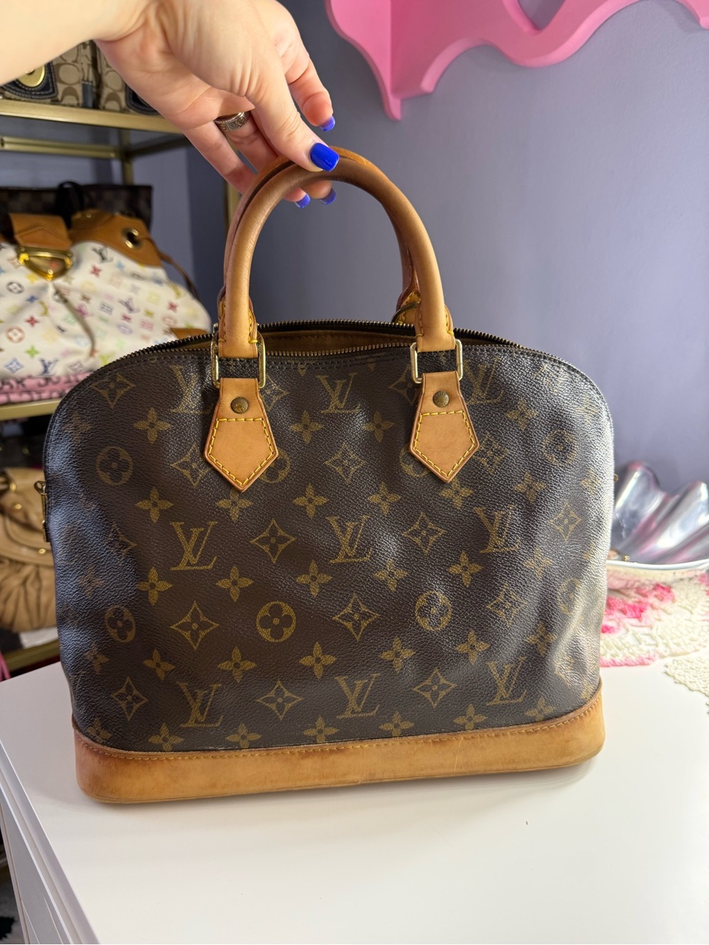 Louis Vuitton Brown Monogram Alma Satchel with Natural Leather Trim